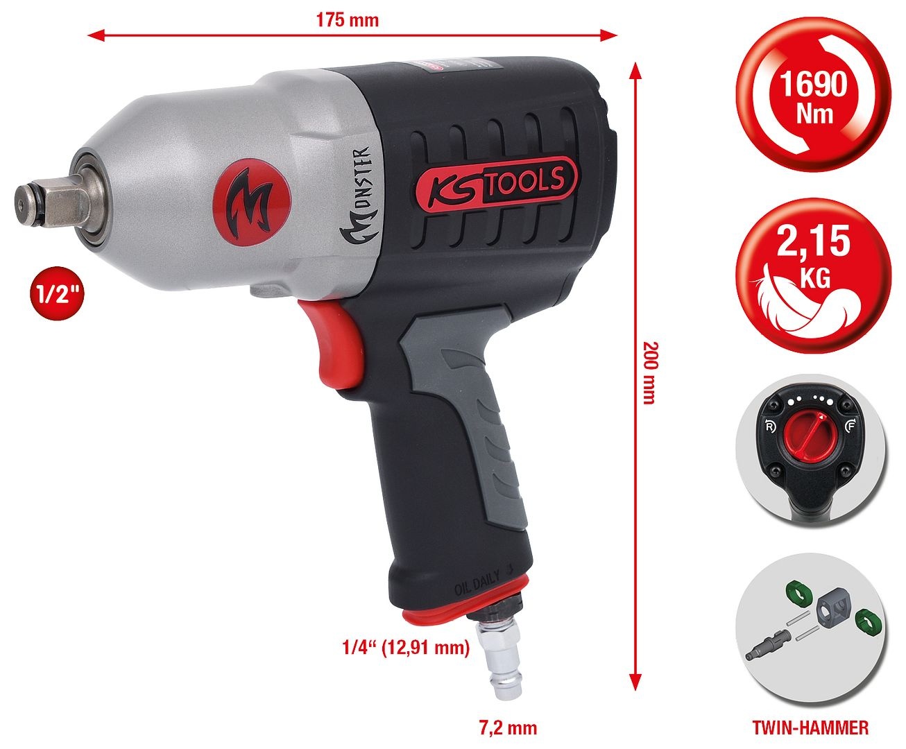 KS Tools 1/2" MONSTER krachtige pneumatische slagmoersleutel - 1690 Nm - 515.1210, foto 2 van 6