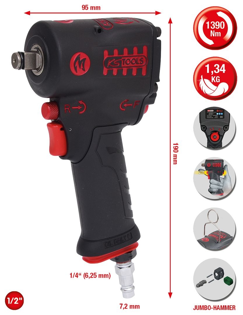 KS Tools 1/2" miniMONSTER High Performance pneumatische slagmoersleutel 1.390 Nm - 515.1270, foto 2 van 6