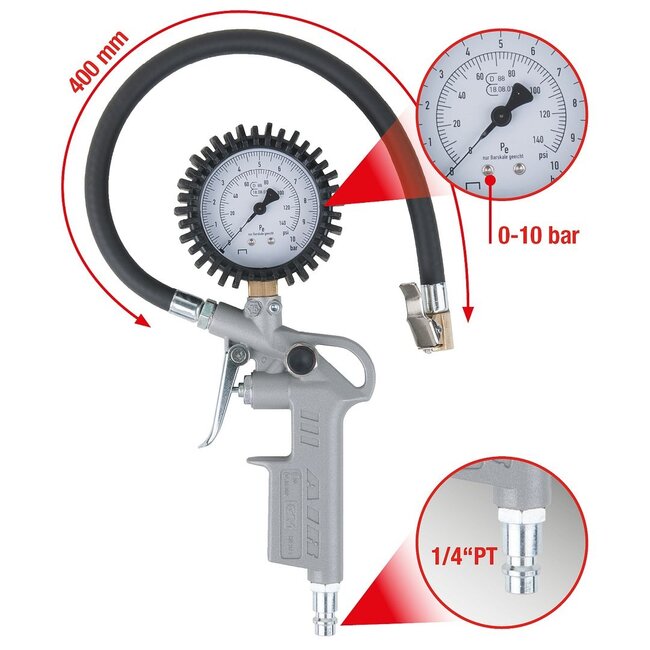 KS Tools Calibrated tyre filling gauge, 0-10 bar - 515.1960