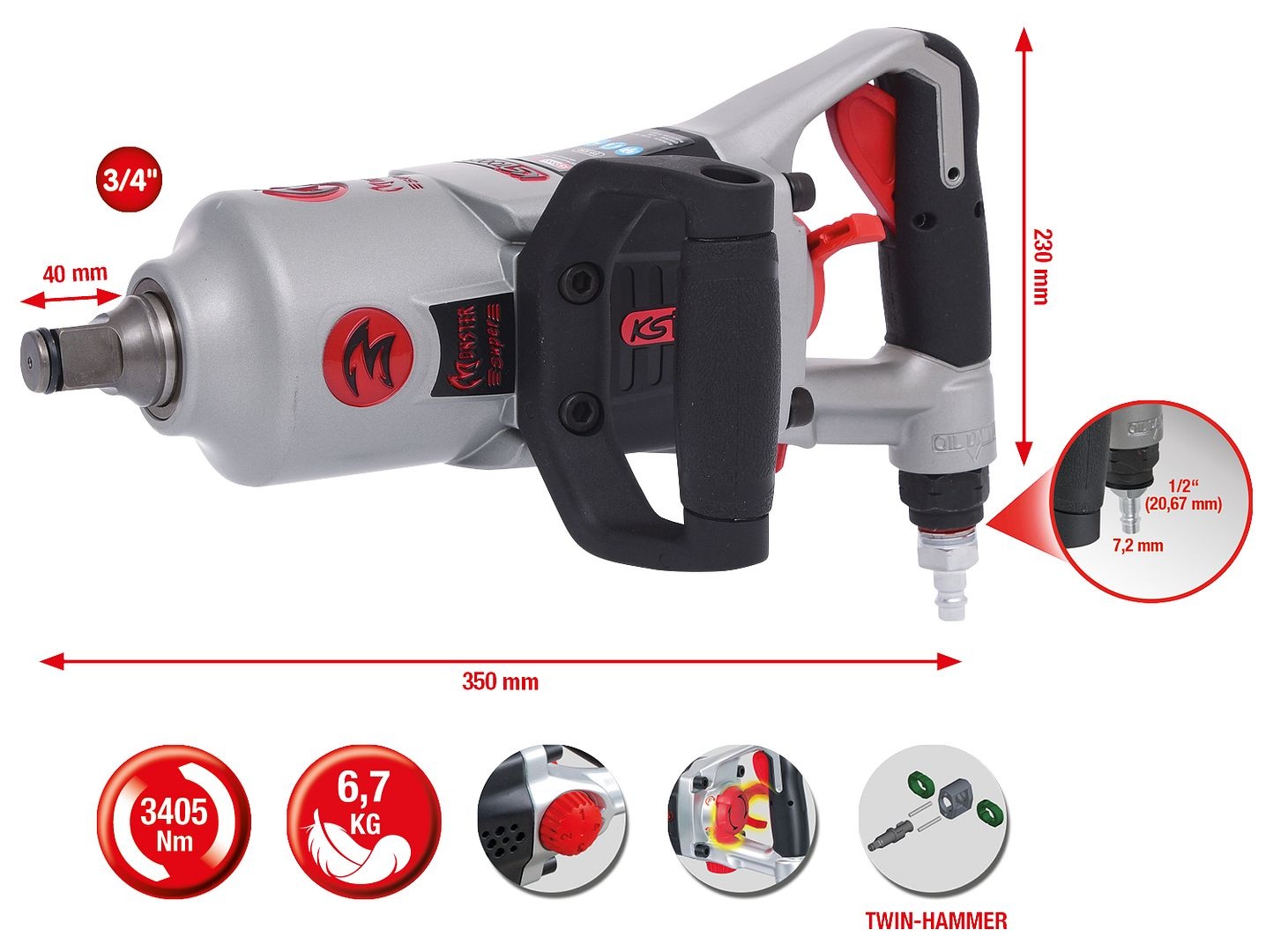 KS Tools 3/4" superMONSTER krachtige pneumatische slagmoersleutel - 3405 Nm - 515.3250, foto 3 van 6