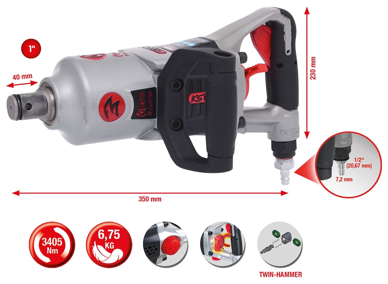 KS Tools 1" superMONSTER krachtige pneumatische slagmoersleutel - 3405 Nm - 515.3270, foto 2 van 6