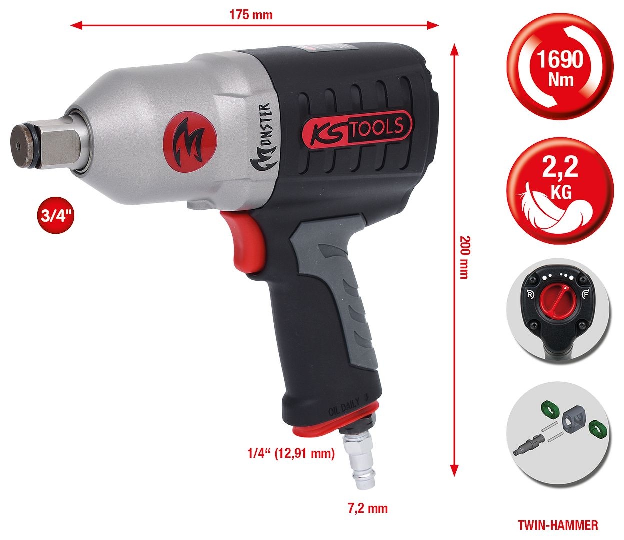 KS Tools 3/4" MONSTER krachtige pneumatische slagmoersleutel - 1690 Nm - 515.3785, foto 2 van 6
