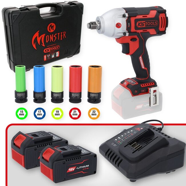 KS Tools eMONSTER 1/2" brushless cordless screwdriver set with impact function, 9 pcs - 515.6100