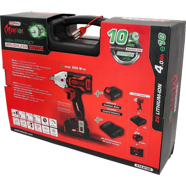 KS Tools eMONSTER 1/2" brushless cordless screwdriver set with impact function, 9 pcs - 515.6100