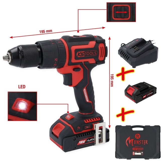 KS Tools eMONSTER brushless cordless screwdriver set with hammer drill function, 4 pcs - 515.6300