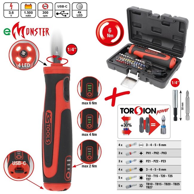 KS Tools 1/4" eMONSTER cordless bit screwdriver set, 27 pieces, 6 Nm - 515.6550