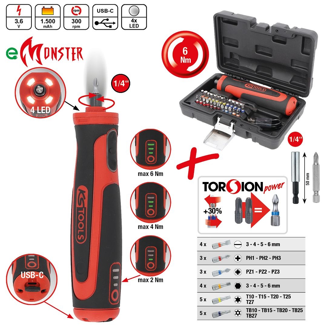 KS Tools 1/4" eMONSTER accu-bit-schroefmachineset - 27 - delig - 6 Nm - 515.6550, foto 2 van 6