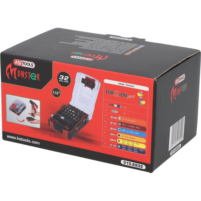 KS Tools Set d’embouts TORSIONpower 1/4" aux couleurs de la visseuse sans fil eMONSTER, 32 pcs - 515.6932