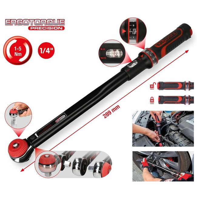 KS Tools 1/4" ERGOTORQUE®precision torque wrench with rotary mushroom ratchet head, 1-5Nm - 516.1402