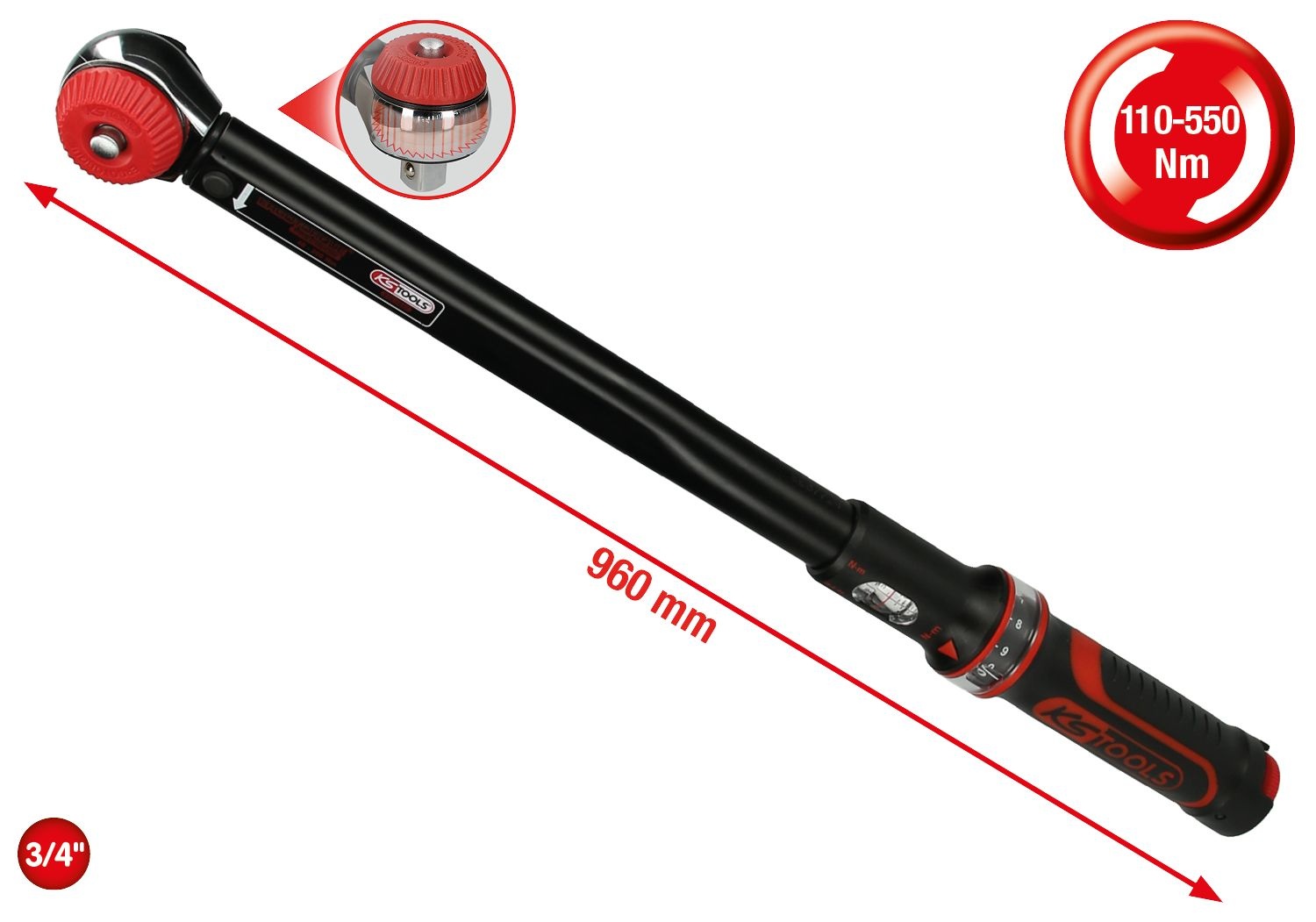 KS Tools 3/4" ERGOTORQUE®precision Momentsleutel met draaiknop-omsteek-ratelkop - 110-550Nm - 516.1490, foto 2 van 6