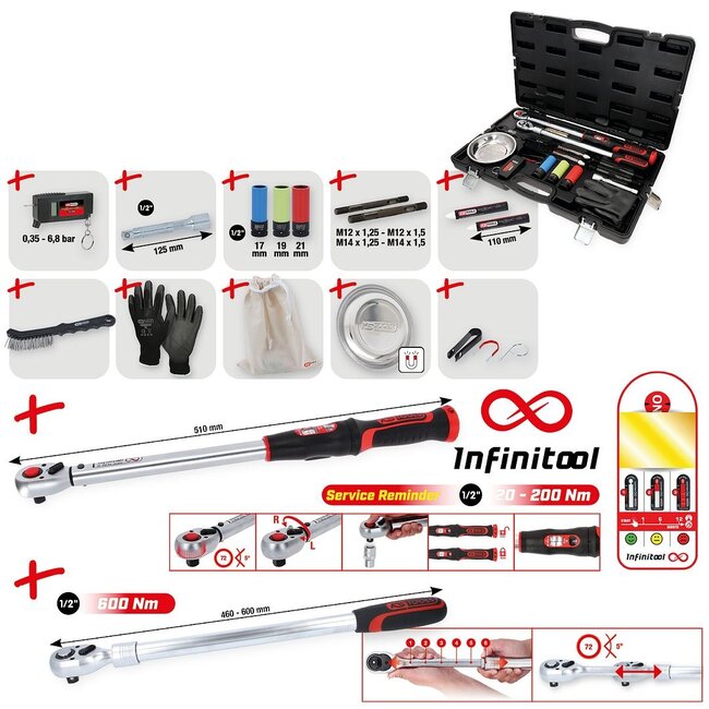 KS Tools MASTER wheel change service kit with 1/2″ INFINITOOL ratchet torque wrench, 20 – 200 Nm, 18 pcs - 516.2450