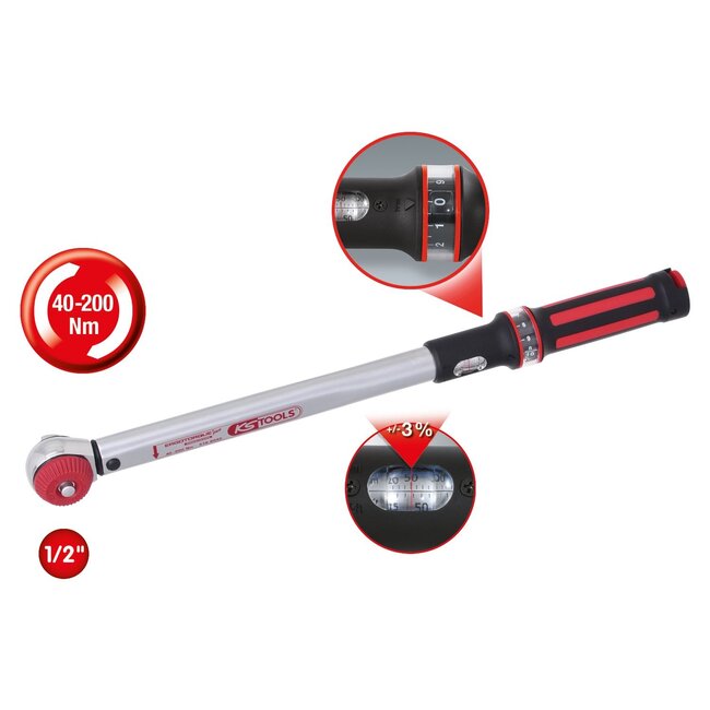 KS Tools 1/2" ERGOTORQUE®precision torque wrench 40-200 Nm with quick lock rotary mushroom ratchet head - 516.6042