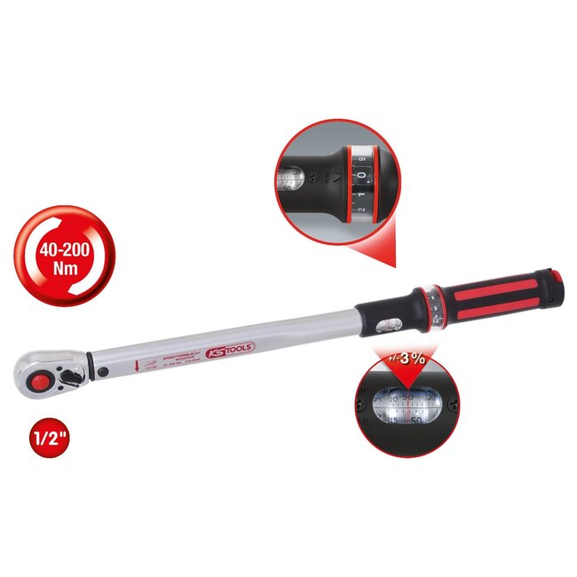 KS Tools 1/2" ERGOTORQUE®precision torque wrench with reversible ratchet head, 40-200Nm, red - 516.6542