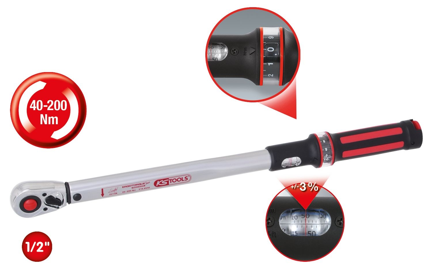 KS Tools 1/2" ERGOTORQUE®precision Momentsleutel met omschakelbare ratel - 40-200Nm - 516.6542, foto 2 van 6