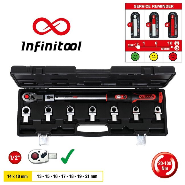 KS Tools 14x18mm INFINITOOL torque wrench toolkit with retangular tool holder 20-200Nm, 9 pcs - 516.9105