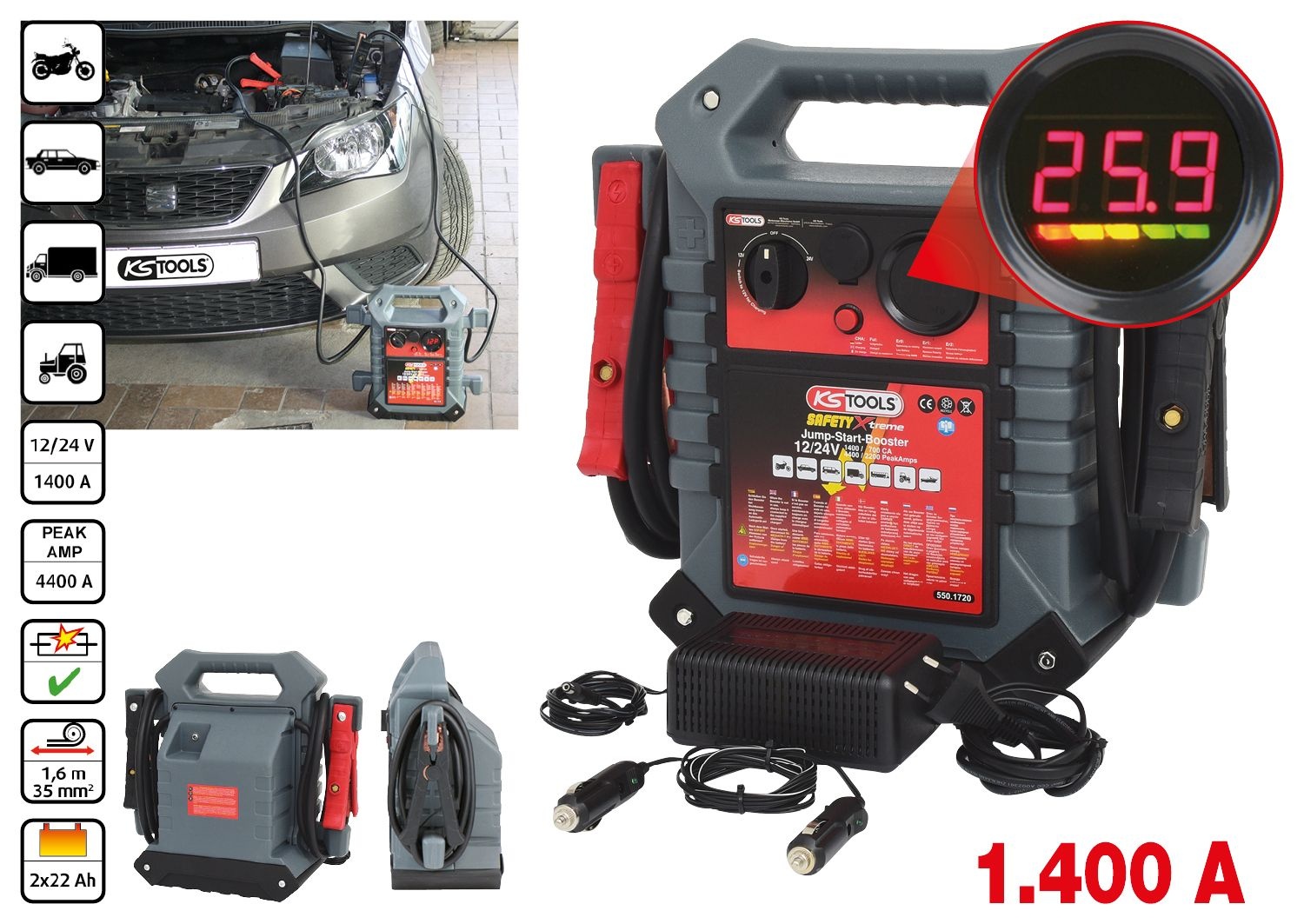 KS Tools 12 +24 V Startbooster - mobiele starthulp 1400 A - 550.1720, foto 2 van 6