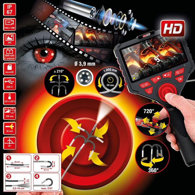 KS Tools HD-Videoskop-Satz mit Ø 3,9 mm 720° und 0° HD Frontkamera-Sonde, flexible PVC Hülle - 550.7580