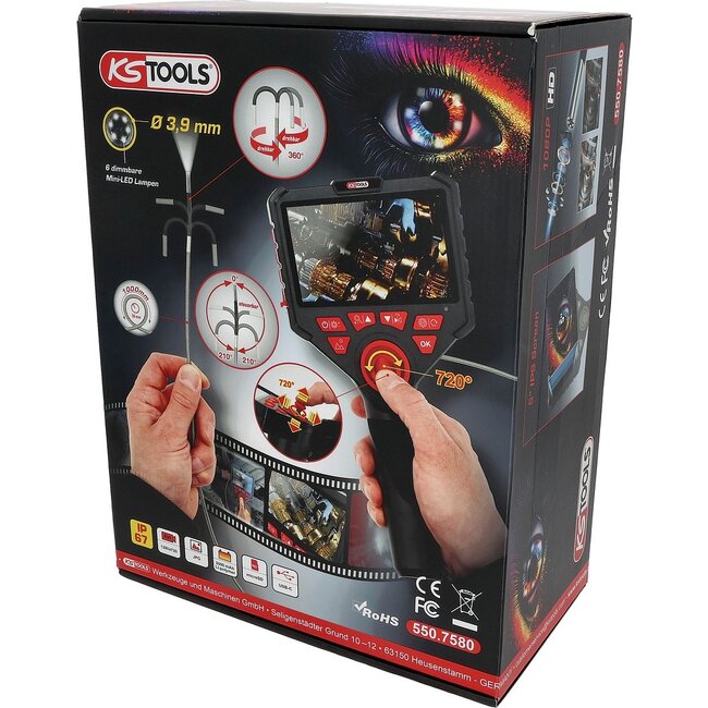 KS Tools HD-videoscoopset met Ø 3,9 mm 720 en 0° HD-frontcamera-sonde - flexibele PVC-huls - 550.7580