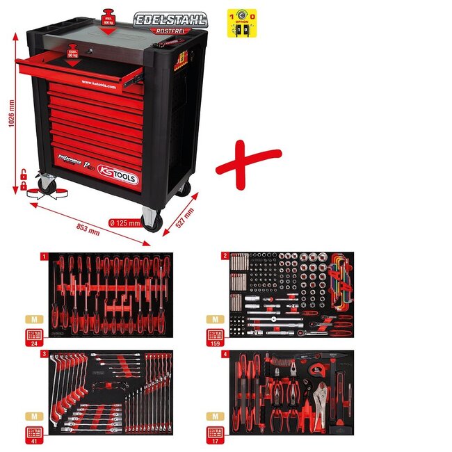 KS Tools Composition pour servante d’atelier Performanceplus P10 avec 241 outils pour 4 tiroirs - 810.4241