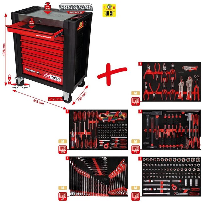 KS Tools Performanceplus gereedschapwagenset P10 met 279 gereedschappen voor 5 schuifladen - 810.5279