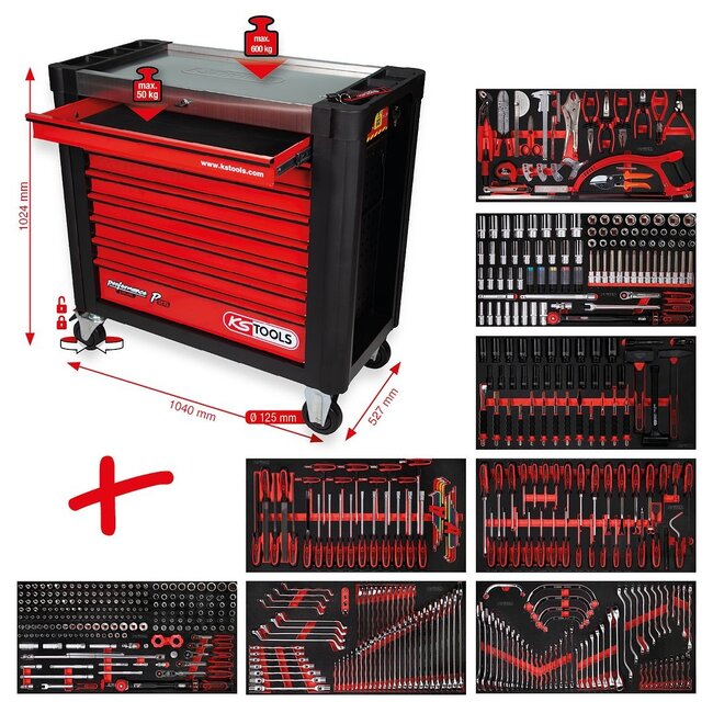KS Tools Performanceplus workshop tool trolley set P25 with 564 tools for 8 drawer - 825.8564