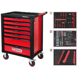 KS Tools RACINGline SCHWARZ/ROT Werkstattwagen mit 7 Schubladen und 215 Premium-Werkzeugen