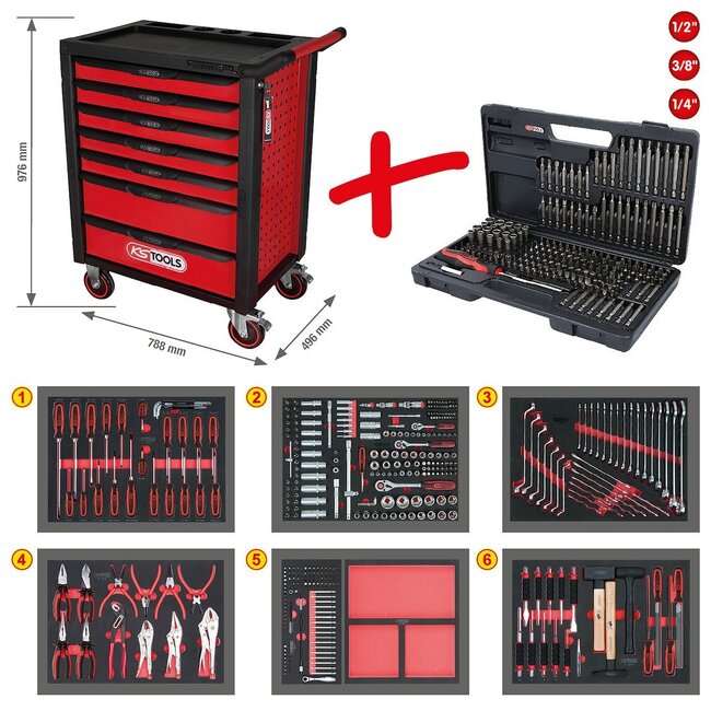 KS Tools RACINGline BLACK/RED toolbox with seven drawers and 598 premium tools - 826.7598