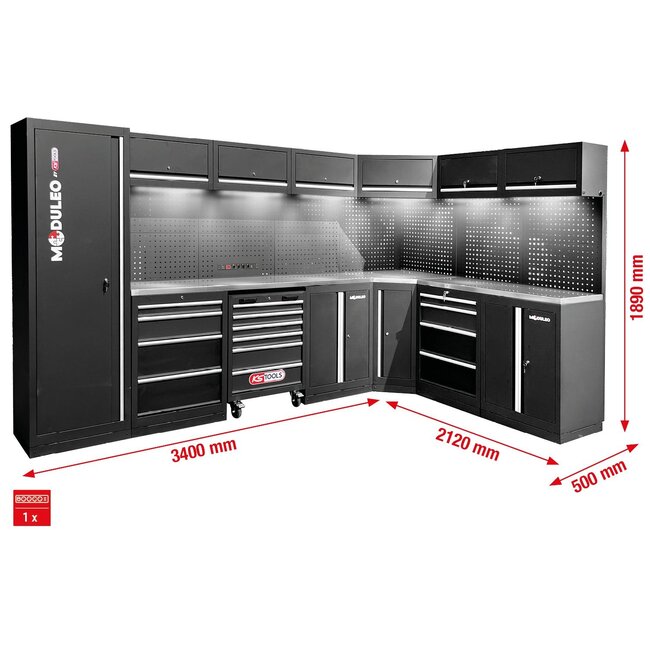 KS Tools Workshop cabinet system, L form, 3400 x 2120 mm, option 1 - 866.6210
