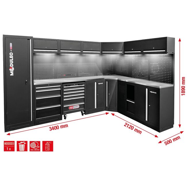KS Tools Workshop cabinet system, L form, 3400 x 2120 mm, option 2 - 866.6220