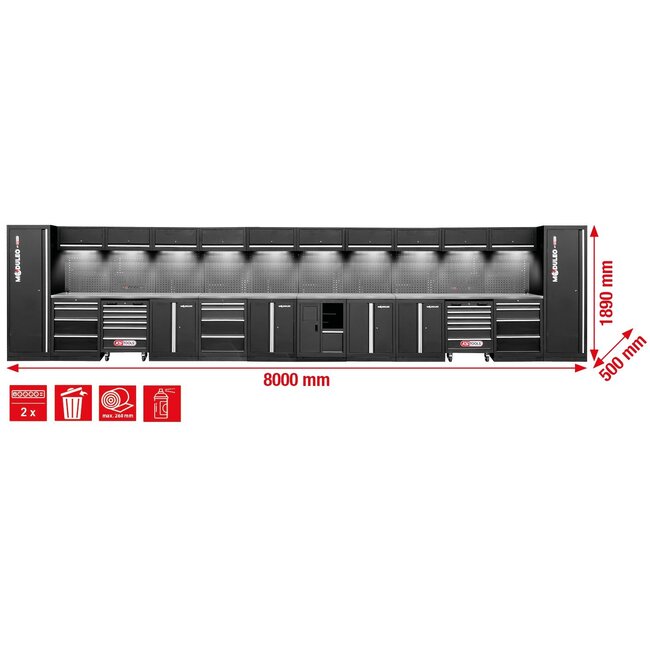 KS Tools Workshop cabinet system, straight, 8000 x 500 mm, option 1 - 866.6255