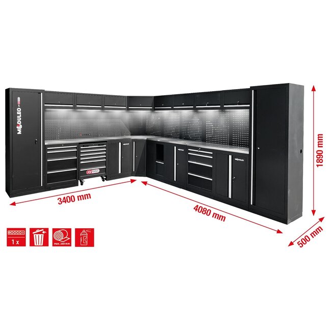 KS Tools Workshop cabinet system, L form, 3400 x 4080 mm, option 1 - 866.6275