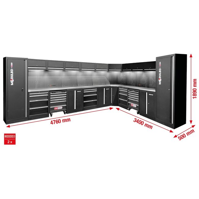 KS Tools Workshop cabinet system, L form, 4760 x 3400 mm - 866.6290