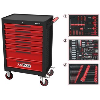 KS Tools ECOline ZWART/ROOD gereedschapswagen met 7 laden en 215 - delig Premium gereedschap