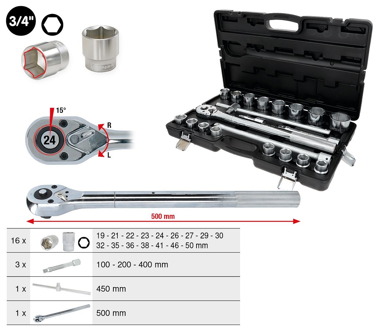 KS Tools 3/4" Dopsleutelset - 21 - delig - zeskant - 911.0721, foto 2 van 6