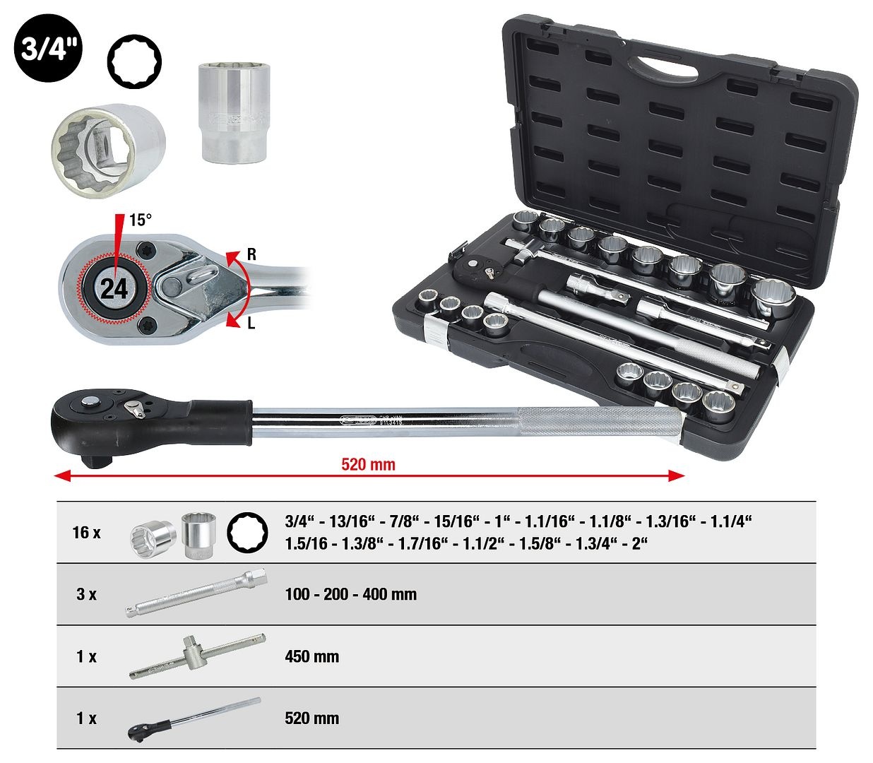 KS Tools 3/4" Dopsleutelset - 21 - delig - twaalfkant - 911.0751, foto 2 van 4