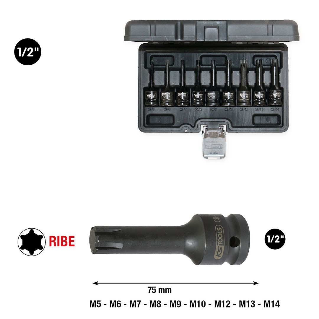 KS Tools 1/2" Bit-dopsleutelset RIBE - kracht - lang - 9 - delig - 911.0934, foto 2 van 6