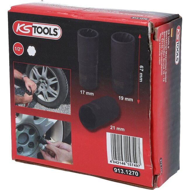 KS Tools Spiral profile impact socket set, 3 pcs, 1/2", 17-21mm - 913.1270