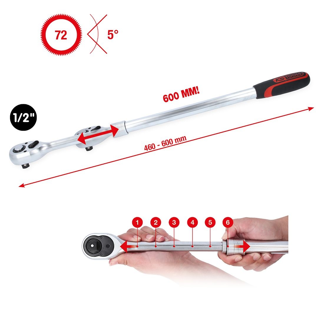 KS Tools 1/2" omschakelbare telescoopratel - extra lang - 72-tanden - 914.1205, foto 2 van 6