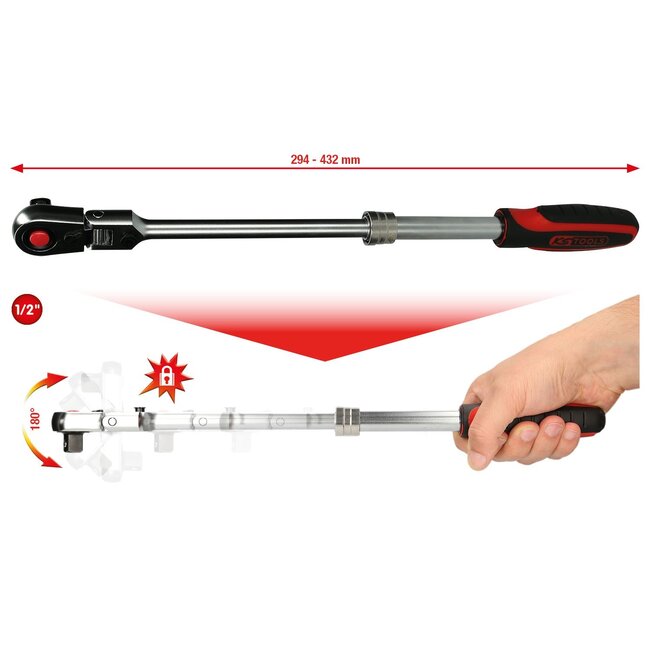 KS Tools 1/2" SlimPOWER Teleskop-Gelenk-Umschaltknarre, 72 Zahn - 914.1220