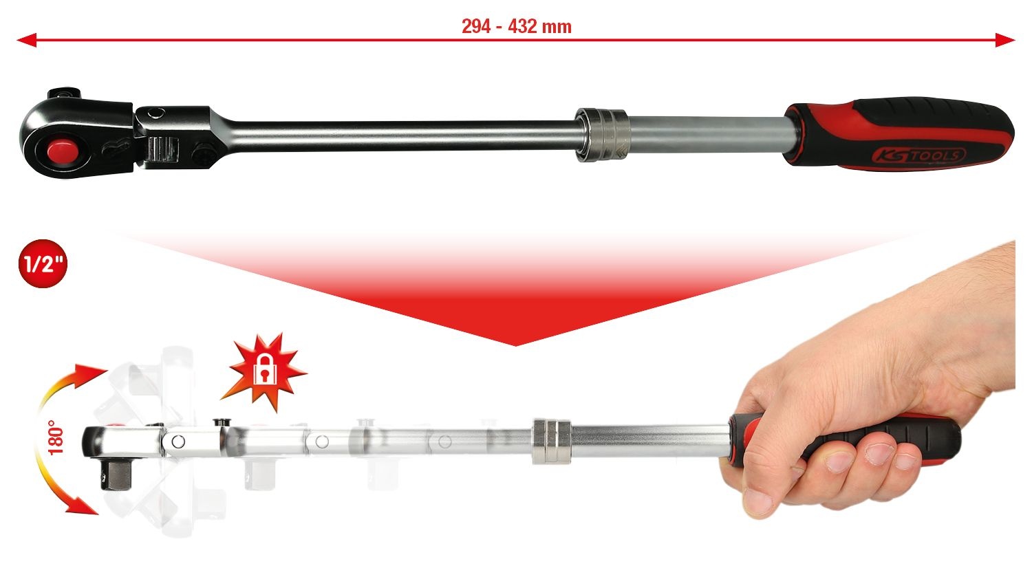 KS Tools 1/2" SlimPOWER Omschakelbare ratel met telescooparm - 72 tanden - 914.1220, foto 2 van 6