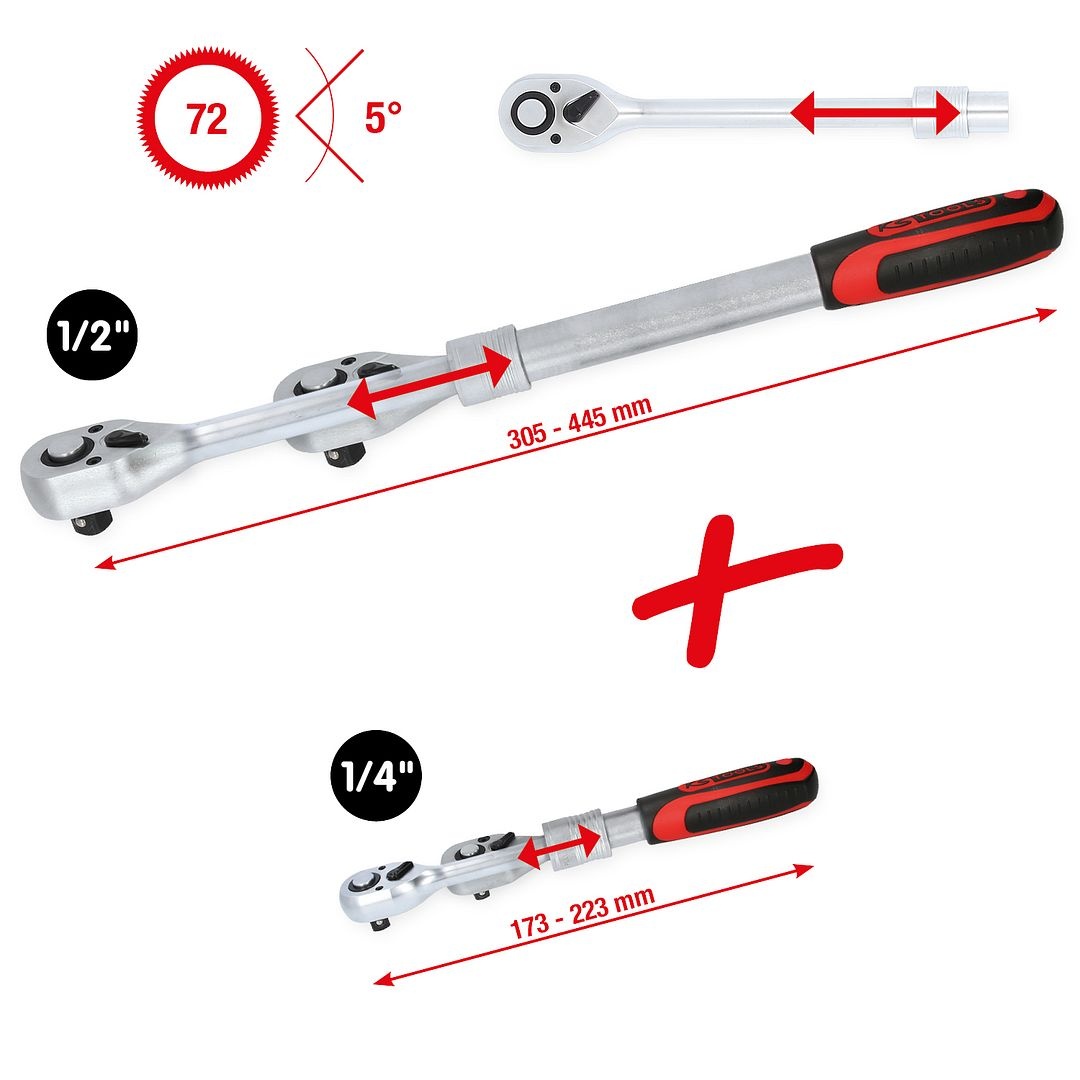 KS Tools 1/4" + 1/2" omschakelbare telescoopratelset - 2 - delig - 914.1412, foto 2 van 3