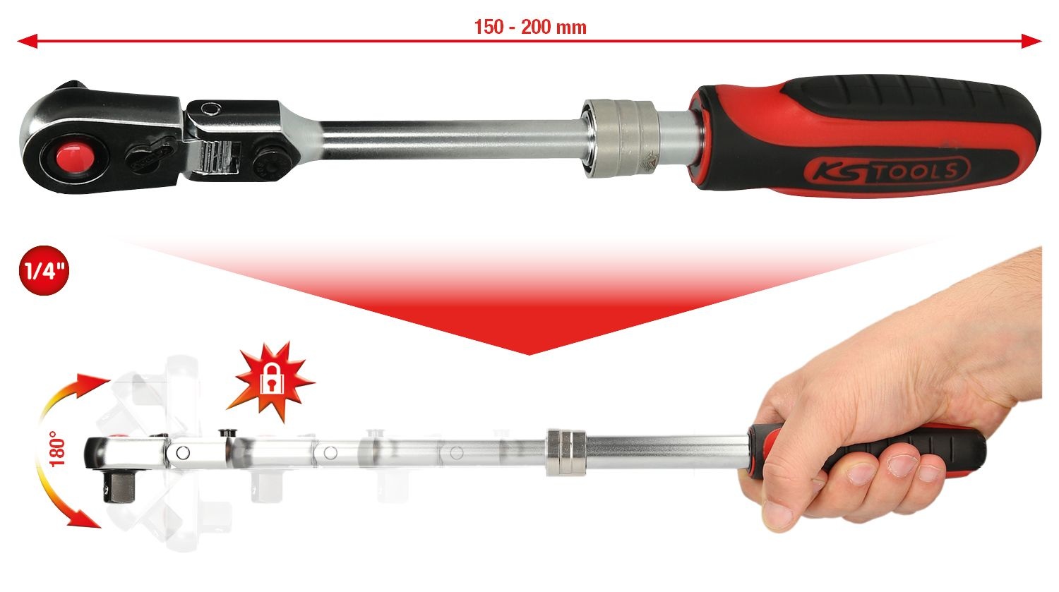 KS Tools 1/4" SlimPOWER telescoopratel met scharnier - 72 tanden - 914.1420, foto 2 van 6