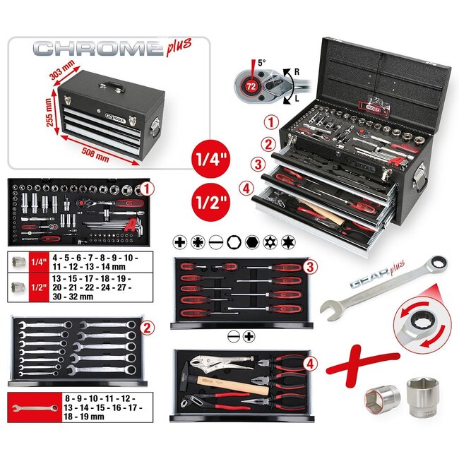 KS Tools 1/4"+1/2" CHROMEplus Universal-Werkzeug-Satz, 99-tlg GEAR - 918.0100