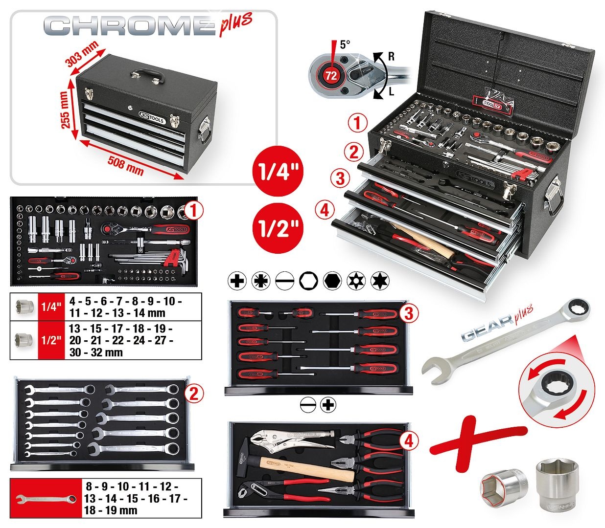 KS Tools 1/4"+1/2" CHROMEplus Universele-gereedschapset - 99 - delig GEAR - 918.0100, foto 2 van 6