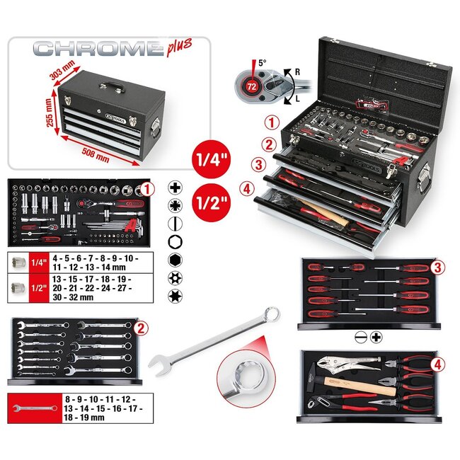 KS Tools 1/4"+1/2" Coffret d'outils universels CHROMEplus, 99 pcs - 918.0200