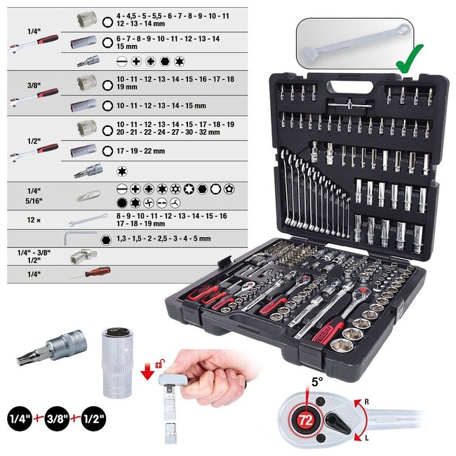 KS Tools 1/4"+3/8"+1/2" CHROMEplus Steckschlüssel-Satz, 216-tlg - 918.0216