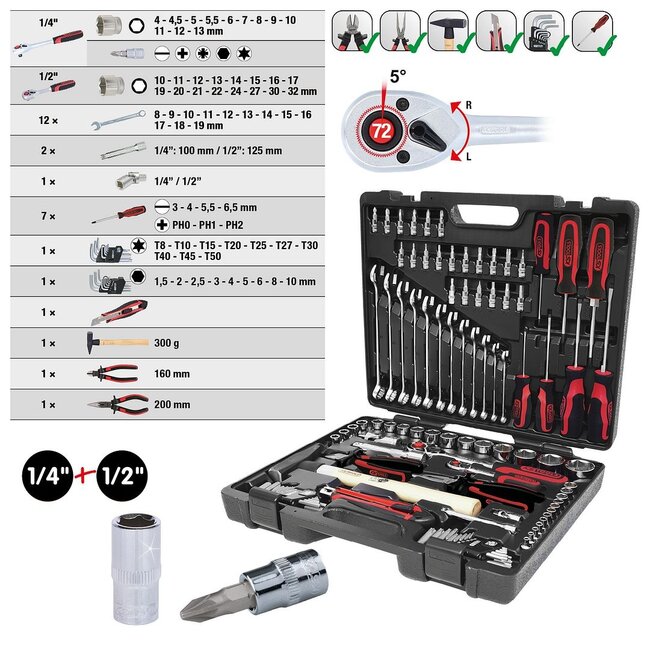 KS Tools Coffret de douilles et cliquets 1/4" + 1/2" CHROMEplus ®, 97 pcs – 918.0797"