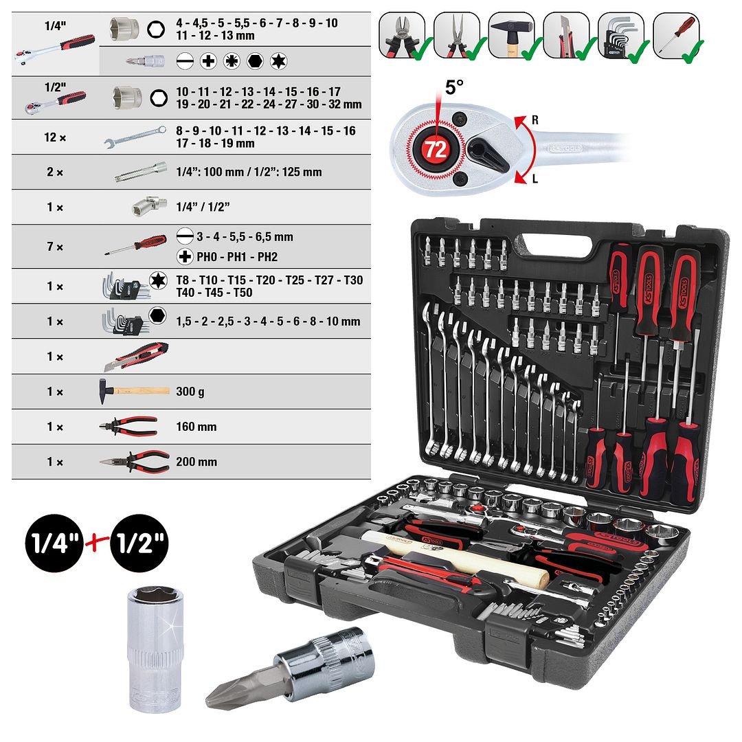 KS Tools 1/4"+1/2" CHROME universele gereedschapset - 97 - delig - 918.0797, foto 2 van 6
