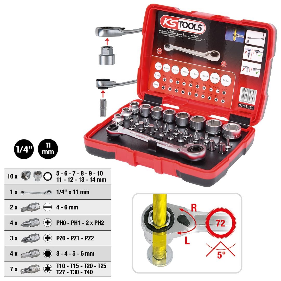 KS Tools 1/4" + 11 mm Doorgaande dopsleutel- en bitset - 31 - delig - 918.3050, foto 2 van 6