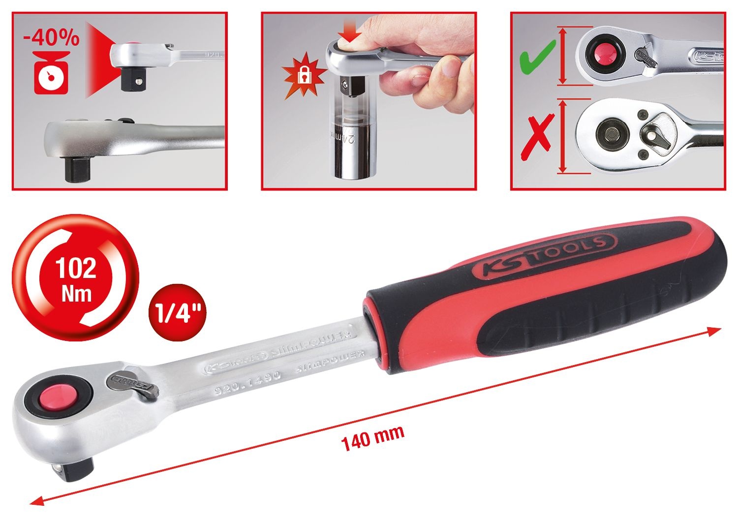 KS Tools 1/4" SlimPOWER Omschakelbare ratel met 72 tanden - 920.1490, foto 2 van 5